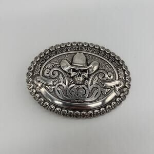 Cowboy Till Death Western Skull Belt Buckle Silver Tone Crumrine Floral Men's